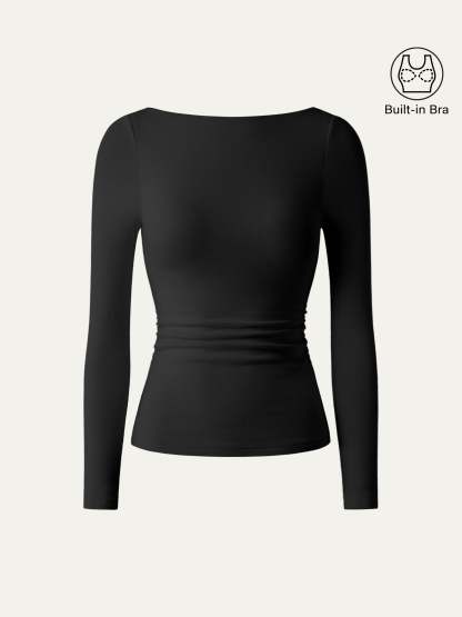 LiteWarm Boatneck Long Sleeve Open-Back Ruched Built-In Bra Top