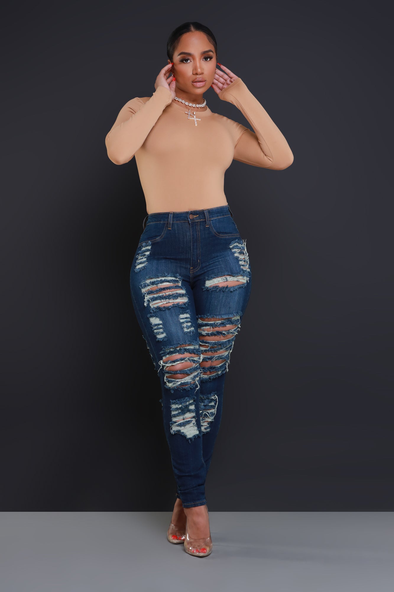 Foul Play Distressed High Rise Jeans - Dark Wash