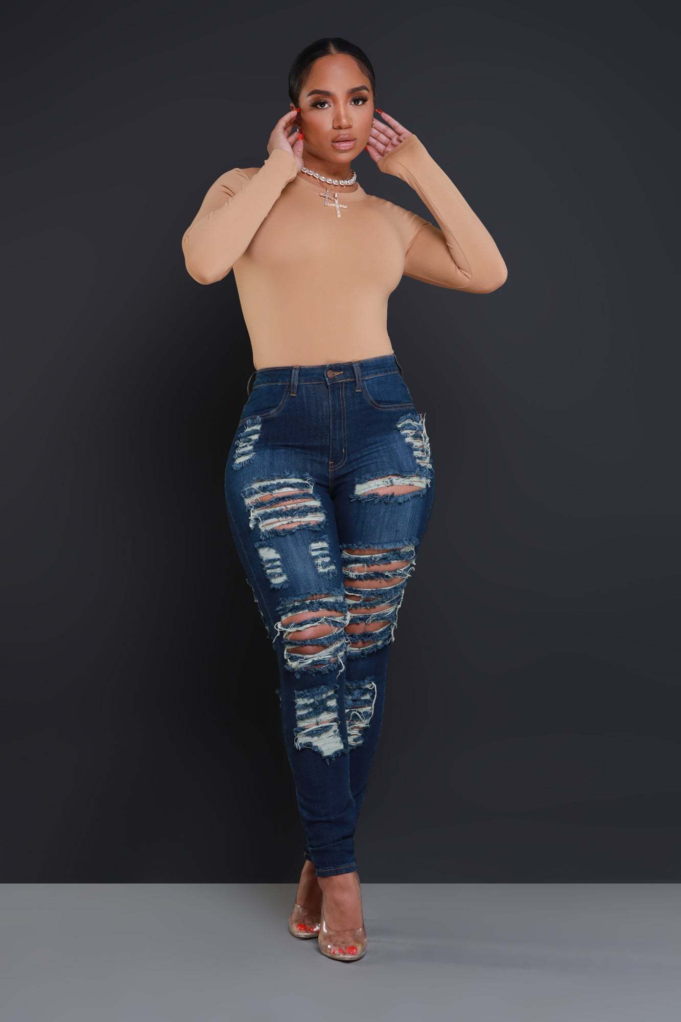 Foul Play Distressed High Rise Jeans - Dark Wash