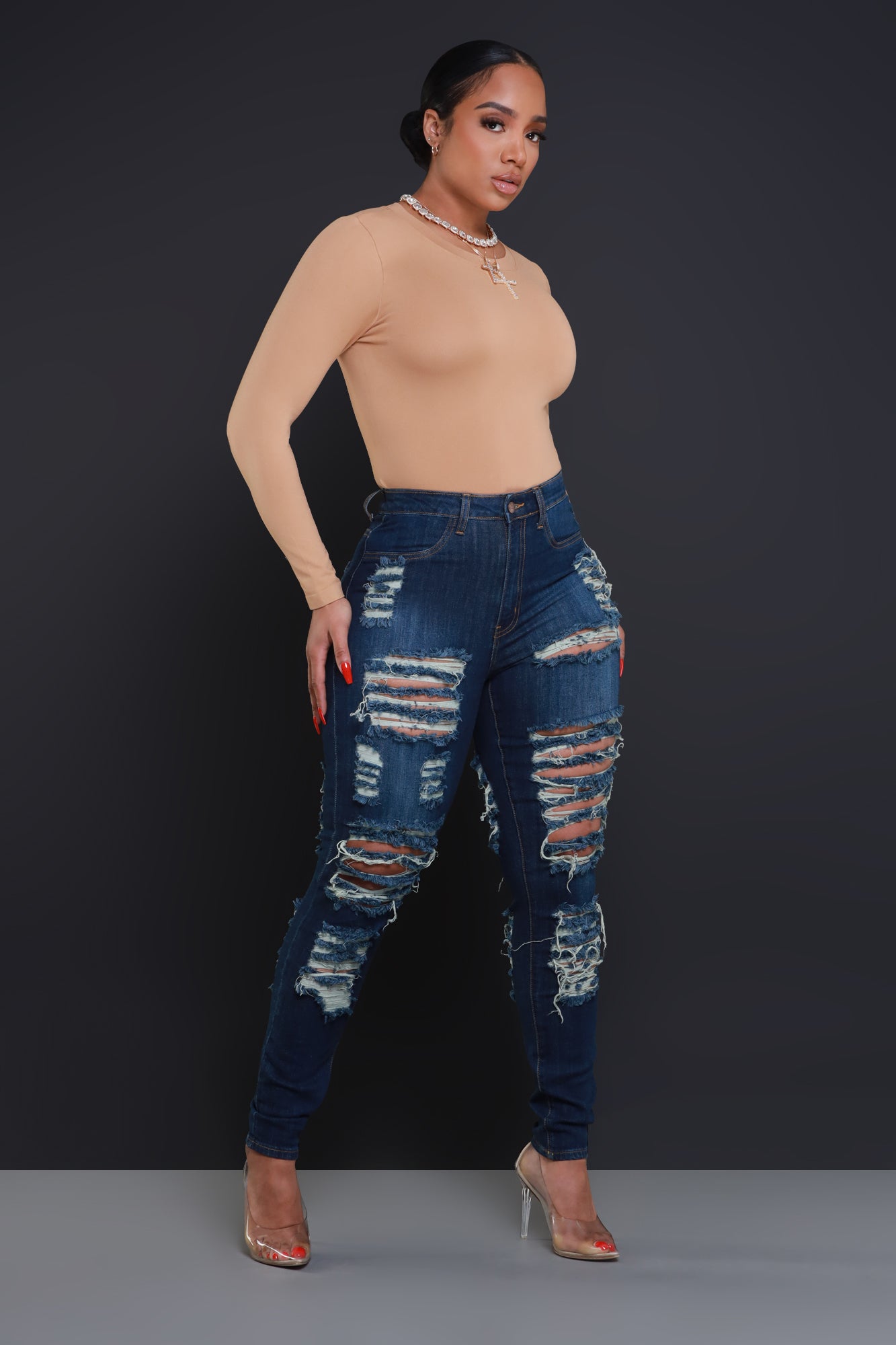 Foul Play Distressed High Rise Jeans - Dark Wash