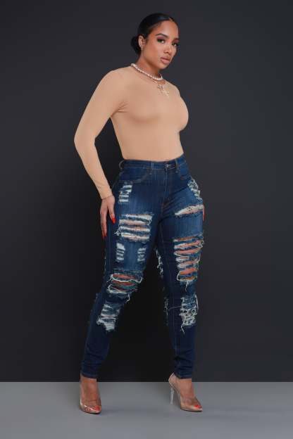 Foul Play Distressed High Rise Jeans - Dark Wash
