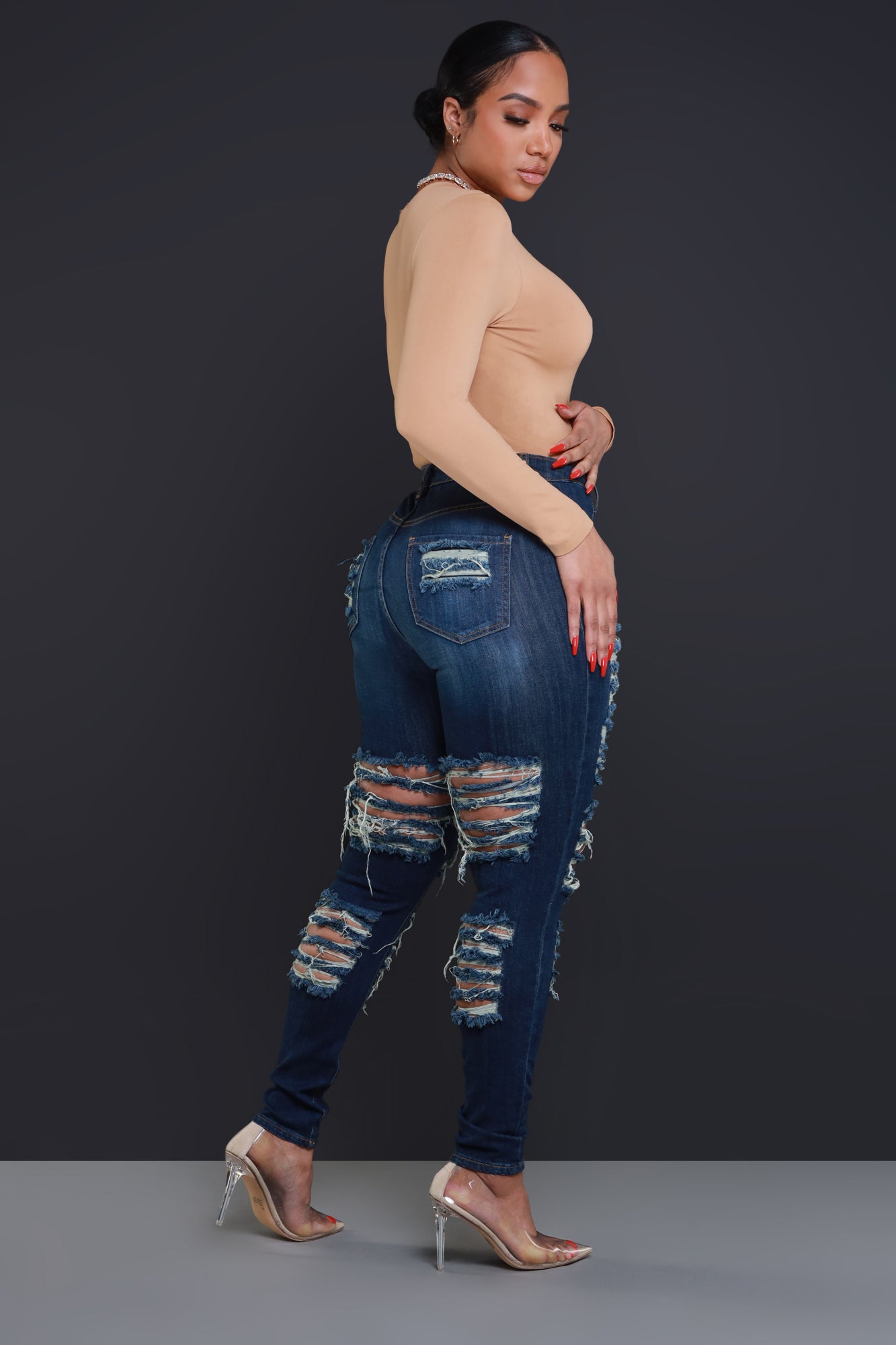 Foul Play Distressed High Rise Jeans - Dark Wash