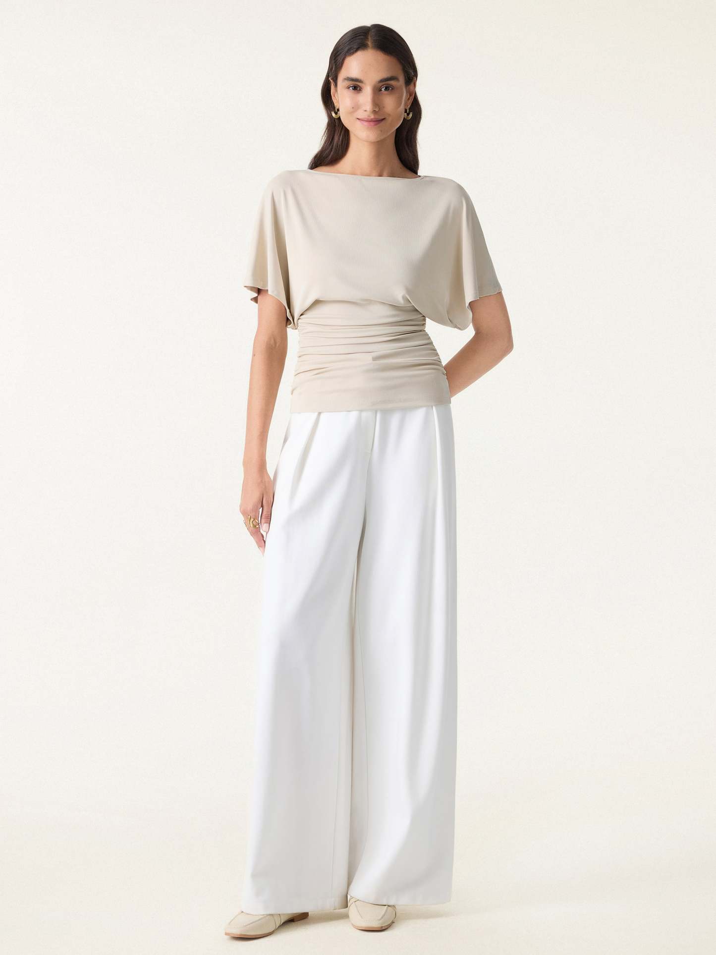 Effortless Boatneck Batwing Sleeve Side Ruched Top