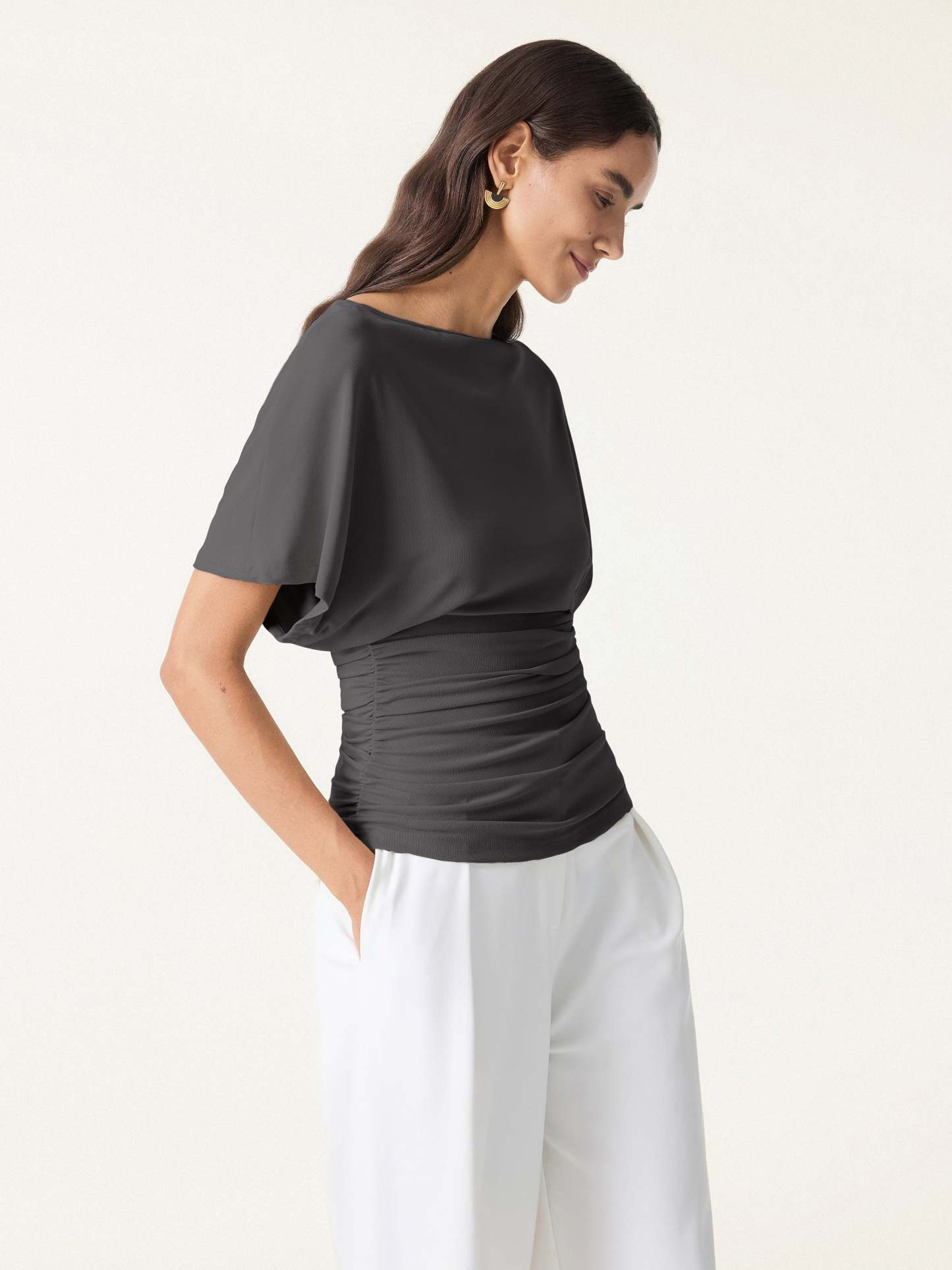 Effortless Boatneck Batwing Sleeve Side Ruched Top