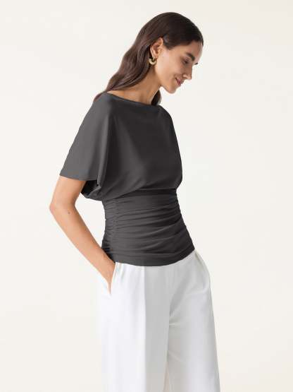 Effortless Boatneck Batwing Sleeve Side Ruched Top