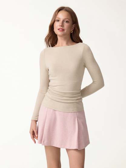 LiteWarm Boatneck Long Sleeve Open-Back Ruched Built-In Bra Top