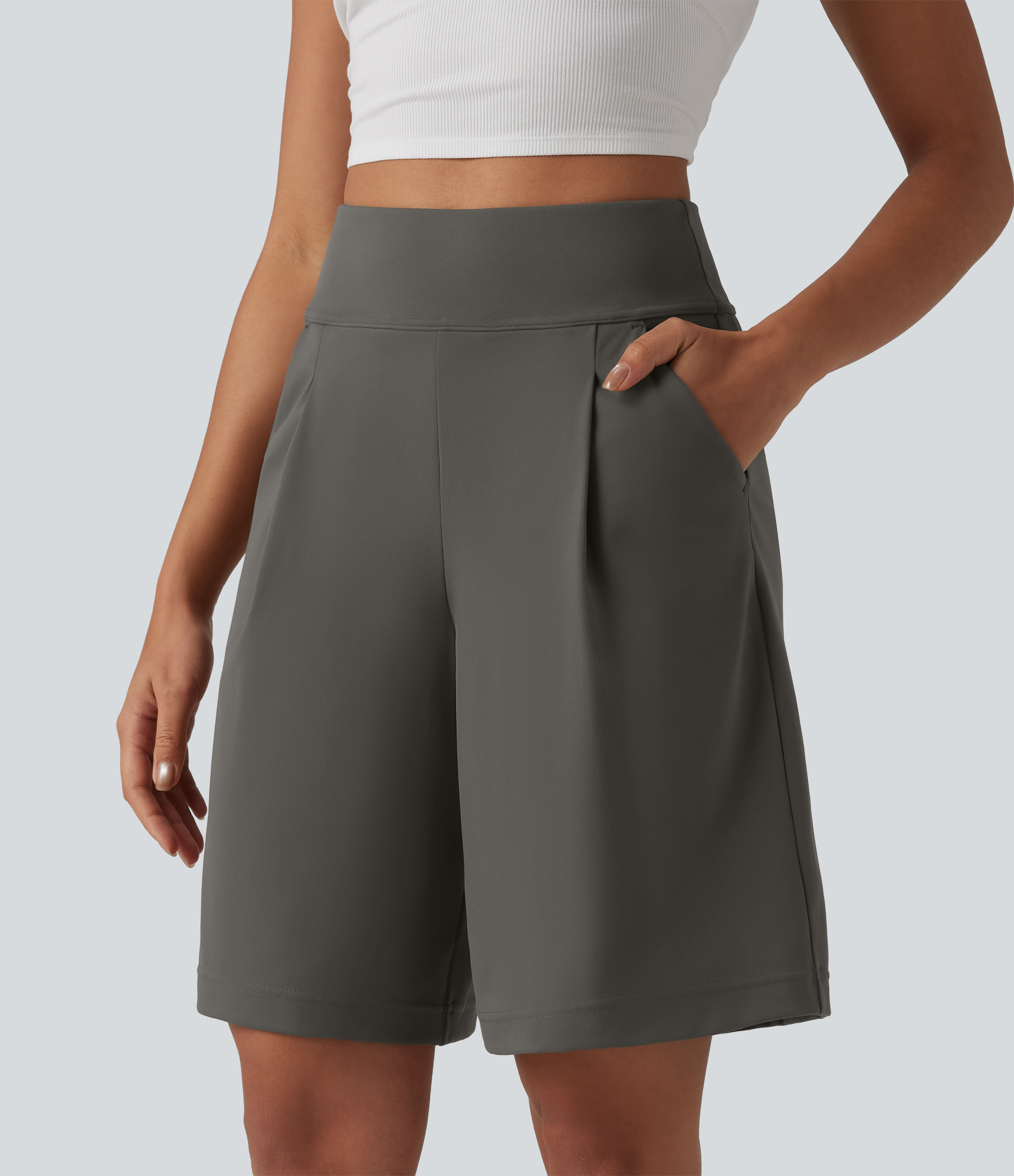 DayStretch High Waisted Pleated Work Bermuda Shorts 10'' with Pockets