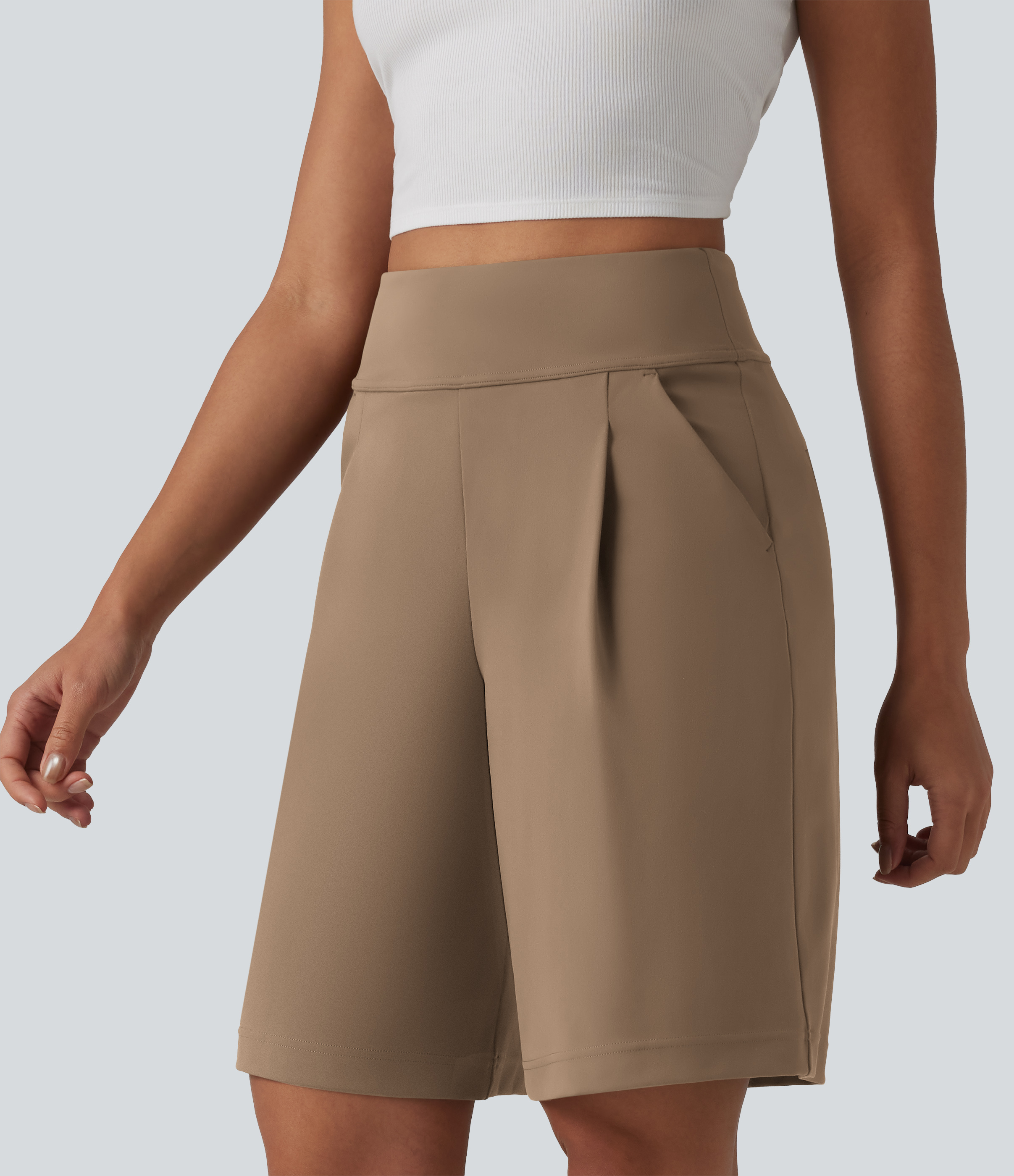 DayStretch High Waisted Pleated Work Bermuda Shorts 10'' with Pockets