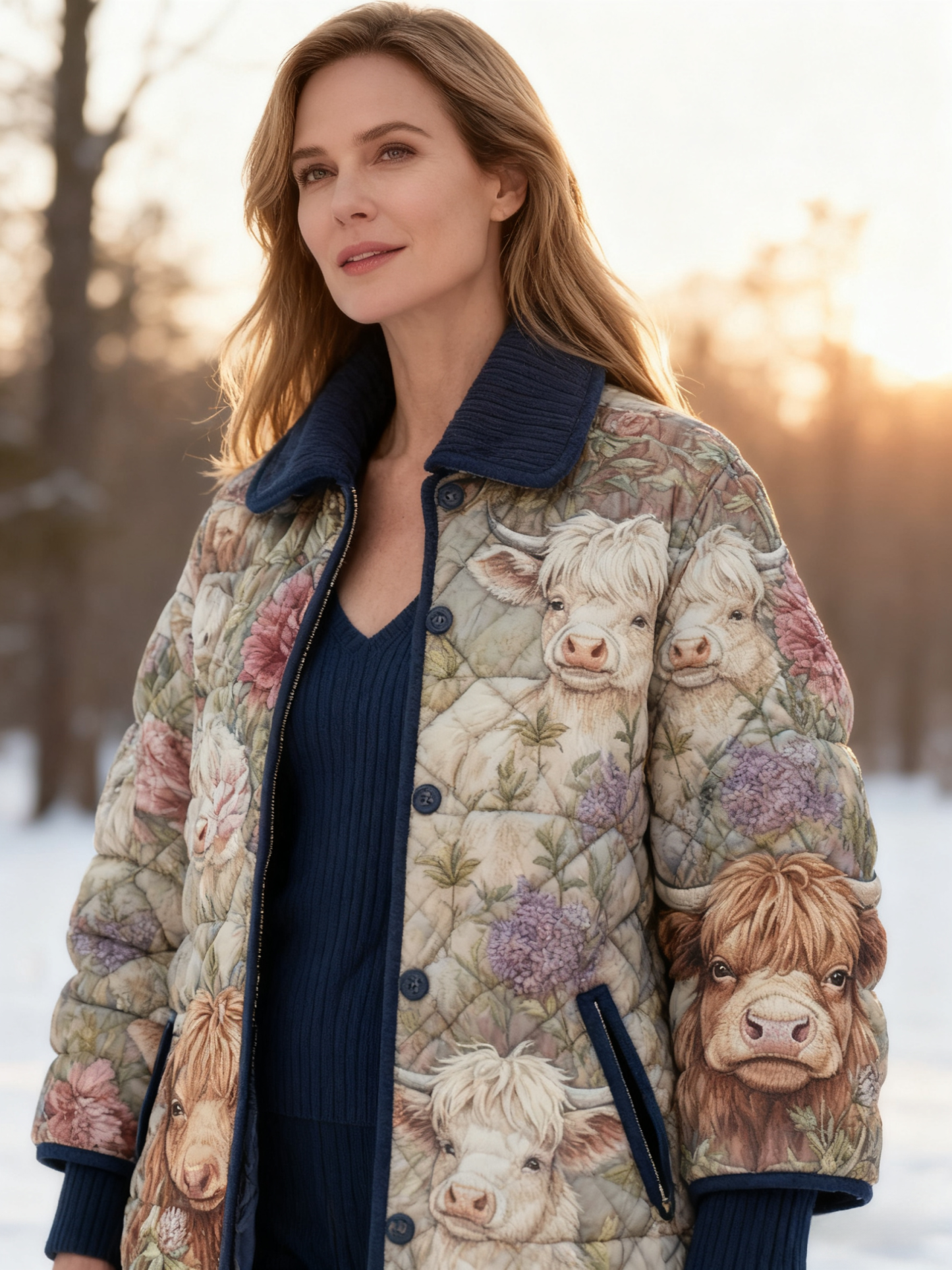  Highland Cow & Floral Cozy Quilted Puffer Jacket Stand-Collar Casual Coat 