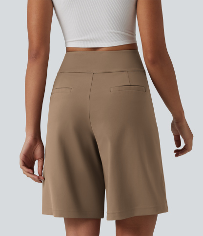 DayStretch High Waisted Pleated Work Bermuda Shorts 10'' with Pockets