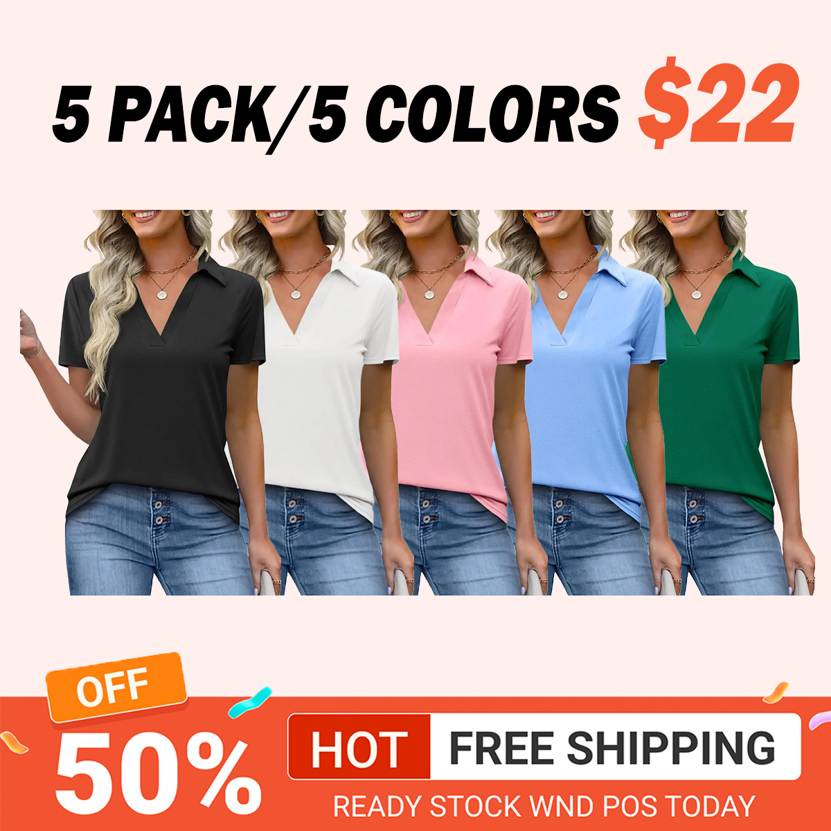 Women's Short-Sleeve Fitted Lightweight V-Neck Polo Shirt