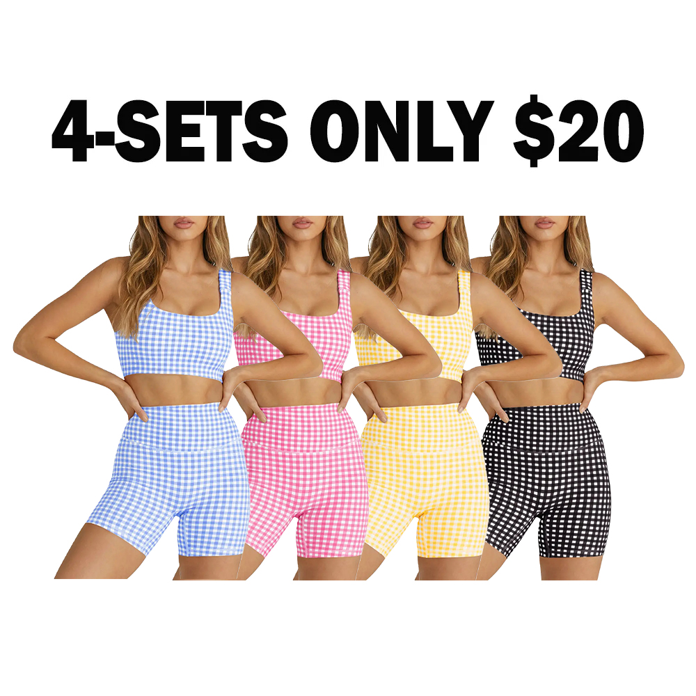 Women's 2-Piece Athleisure Wear Set Padded Gingham Crop Tank Top & High Waisted Sports Yoga Short