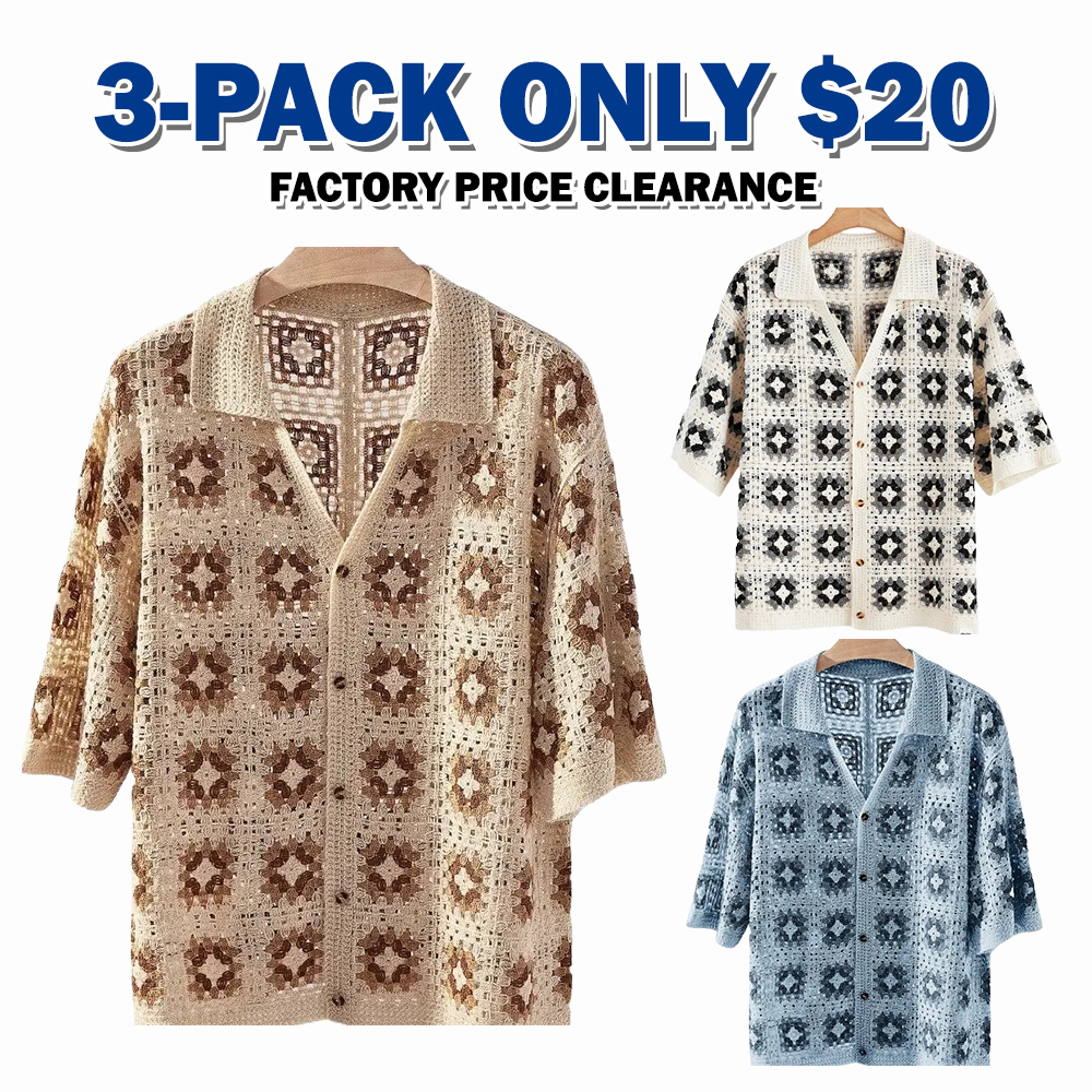 Men's Crochet Knit Button Down Shirt Short-Sleeve Boho Vacation Beach Shirt