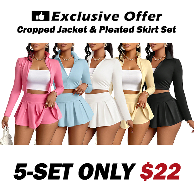Women's Solid Two-Piece Set Cropped Jacket & Pleated Skirt Set