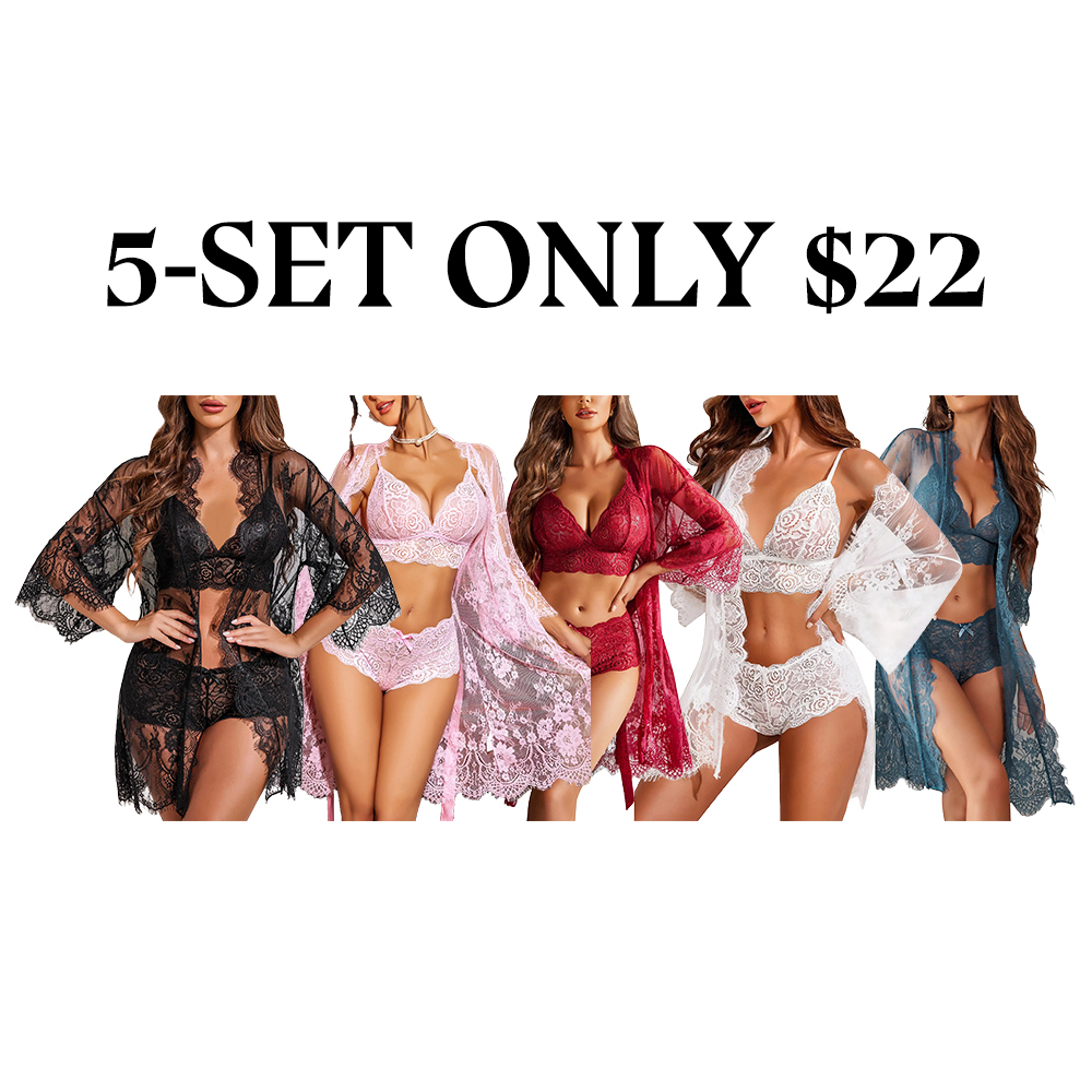 Women's 3-Piece Sheer Lace Sleepwear Set Sexy Lingerie Bra & Panty Lace Robe Set