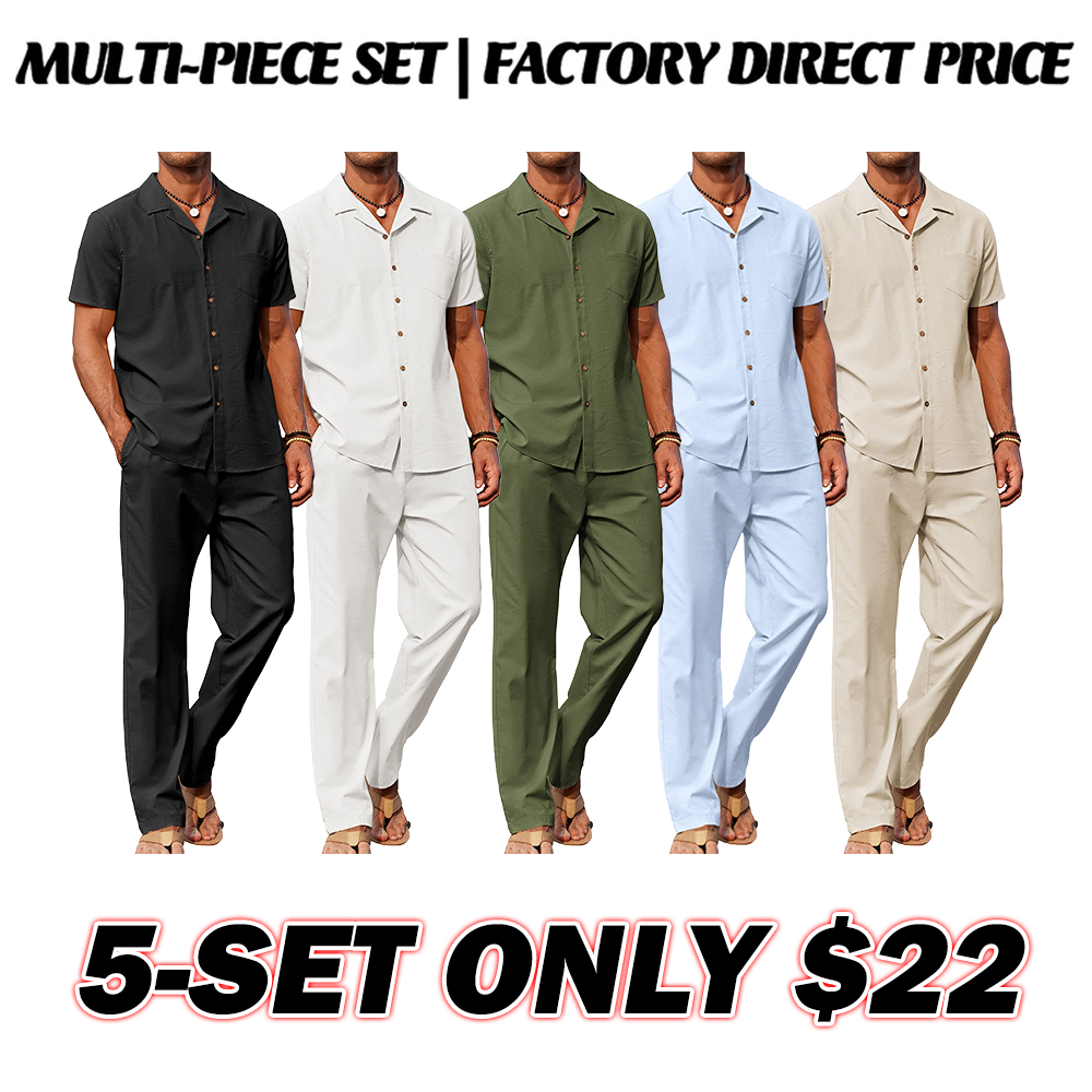 🔥Hot Summer Pick - Men's 2-Piece Linen Outfit Beach Button Down Shirt & Casual Loose Pant Set