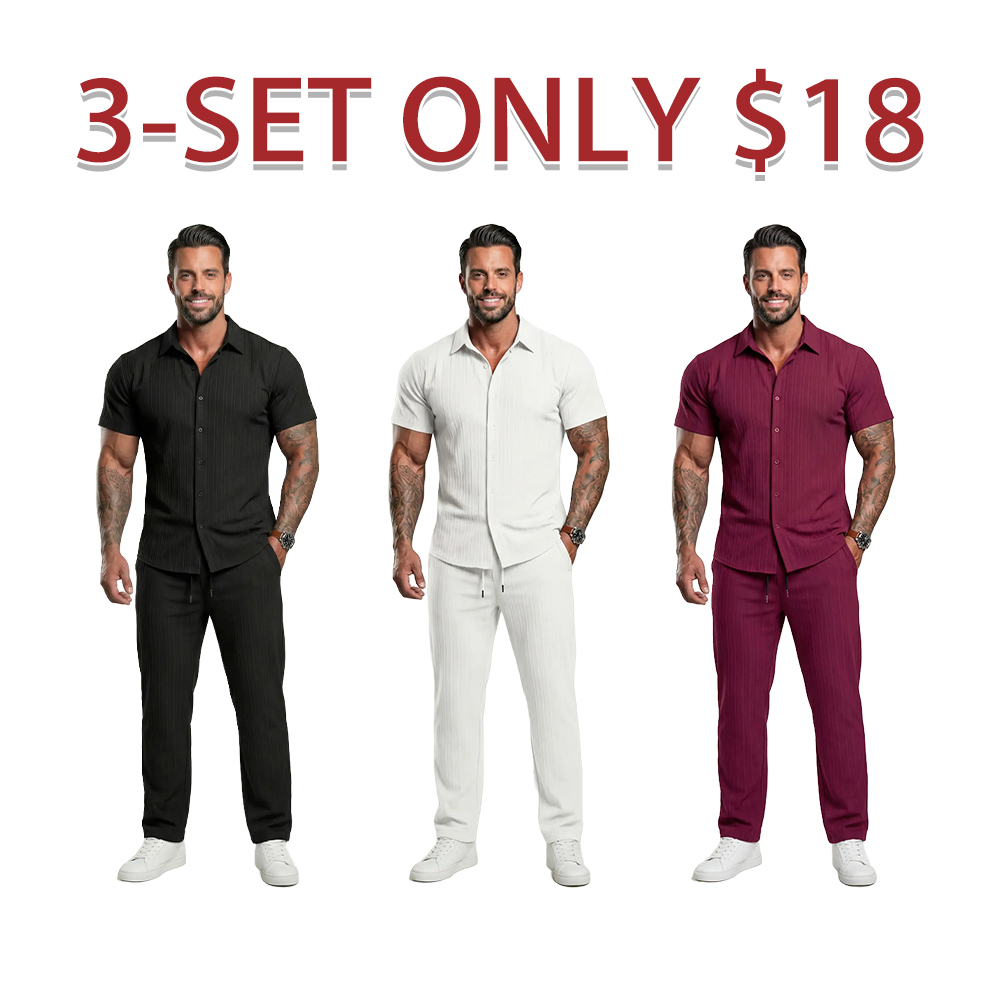 🔥Hot Summer Pick - Men's Button-Front Shirt & Drawstring Pocket Trousers Set