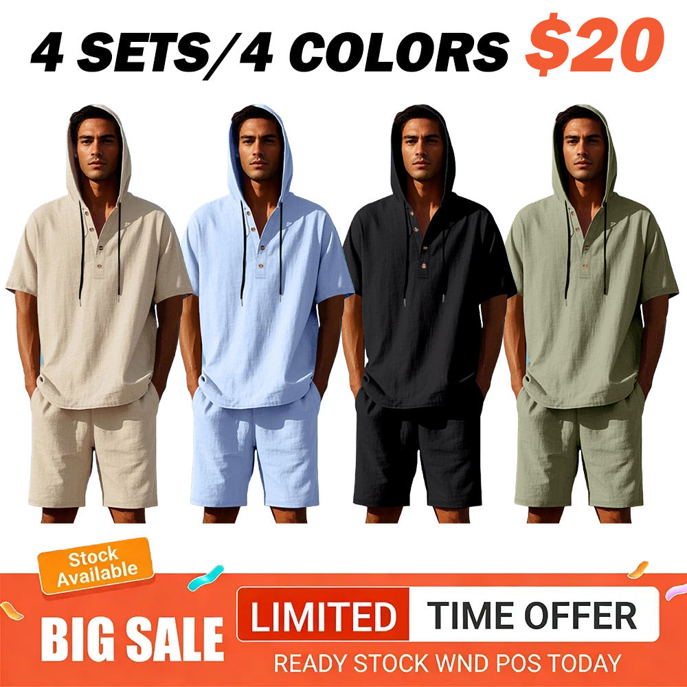 Men's Lightweight Linen Short Sleeve Hooded Henley Shirt & Short 2-Piece Set