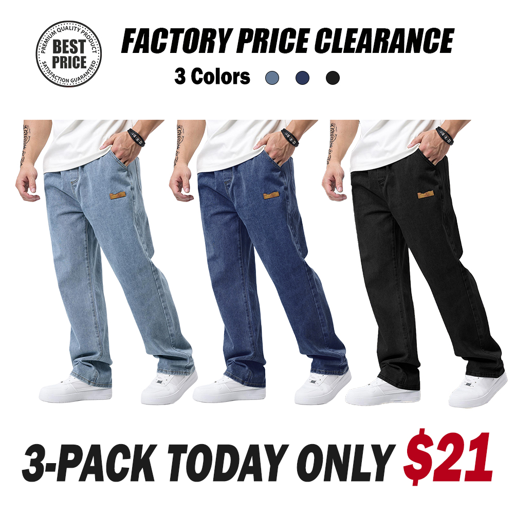 Men's Drawstring Waist Straight-Cut Jeans Washed Vintage Denim Pants
