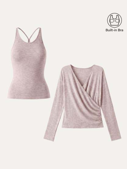 LiteWarm Two-Piece Set Cami with Surplice Ruched Built-In Bra Top