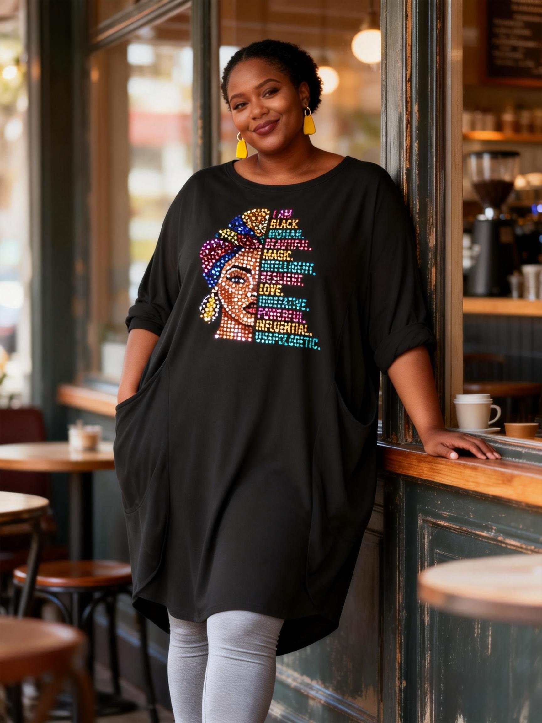 I Am Black Woman Beautiful Magic Rhinestone Loose Pocket Oversize Tunic T-Shirt Dress