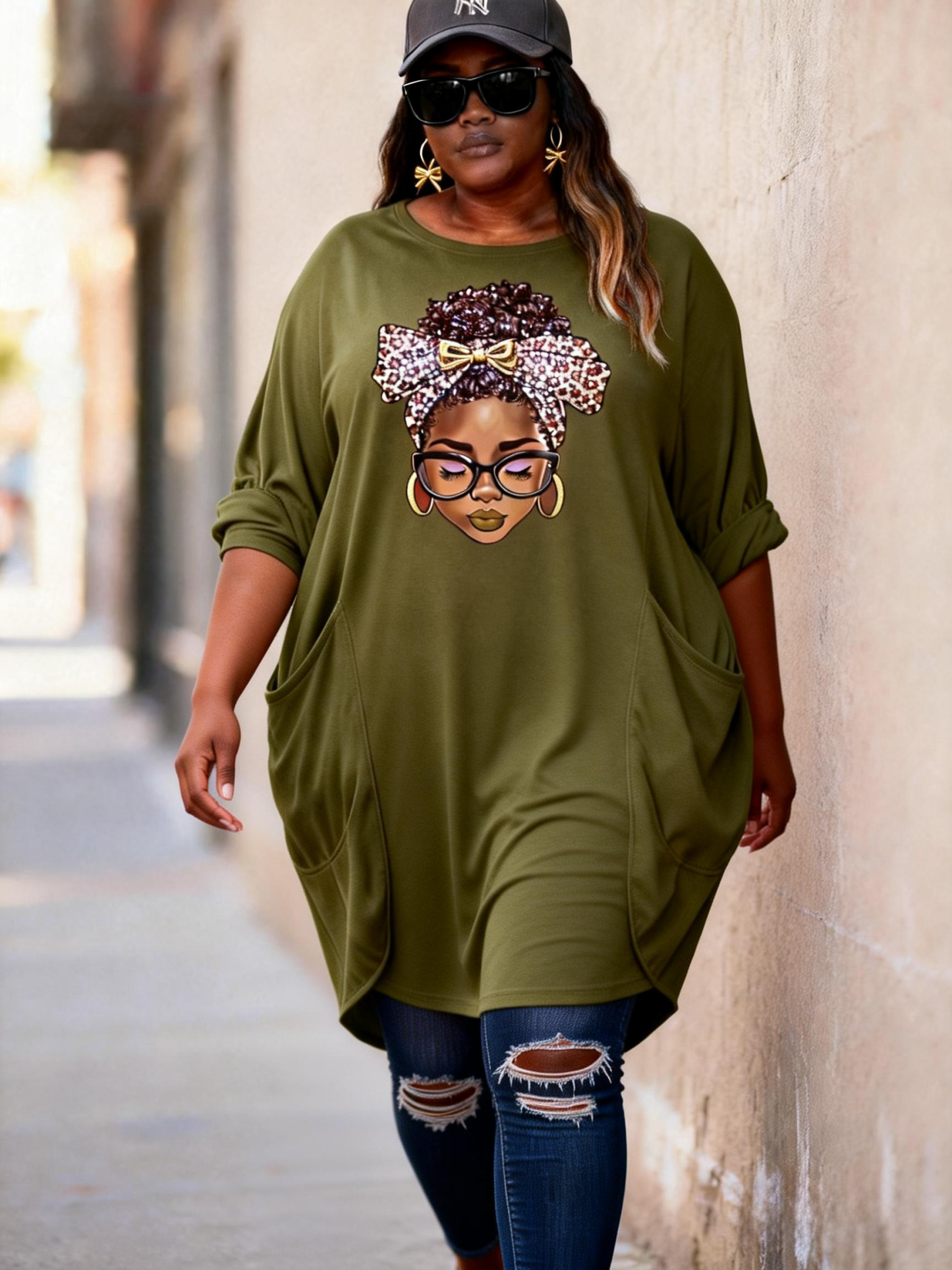 Leopard Bow African Queen Rhinestone Loose Pocket Oversize Tunic T-Shirt Dress