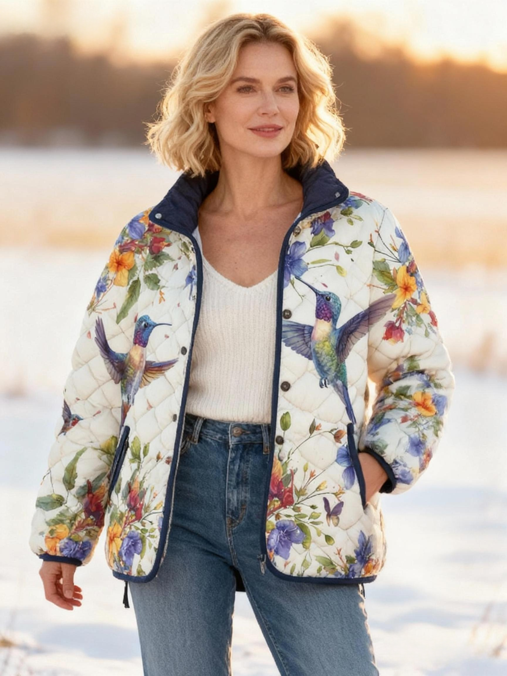Watercolor Hummingbird Colorful Floral Cozy Quilted Puffer Jacket Stand-Collar Casual Coat 