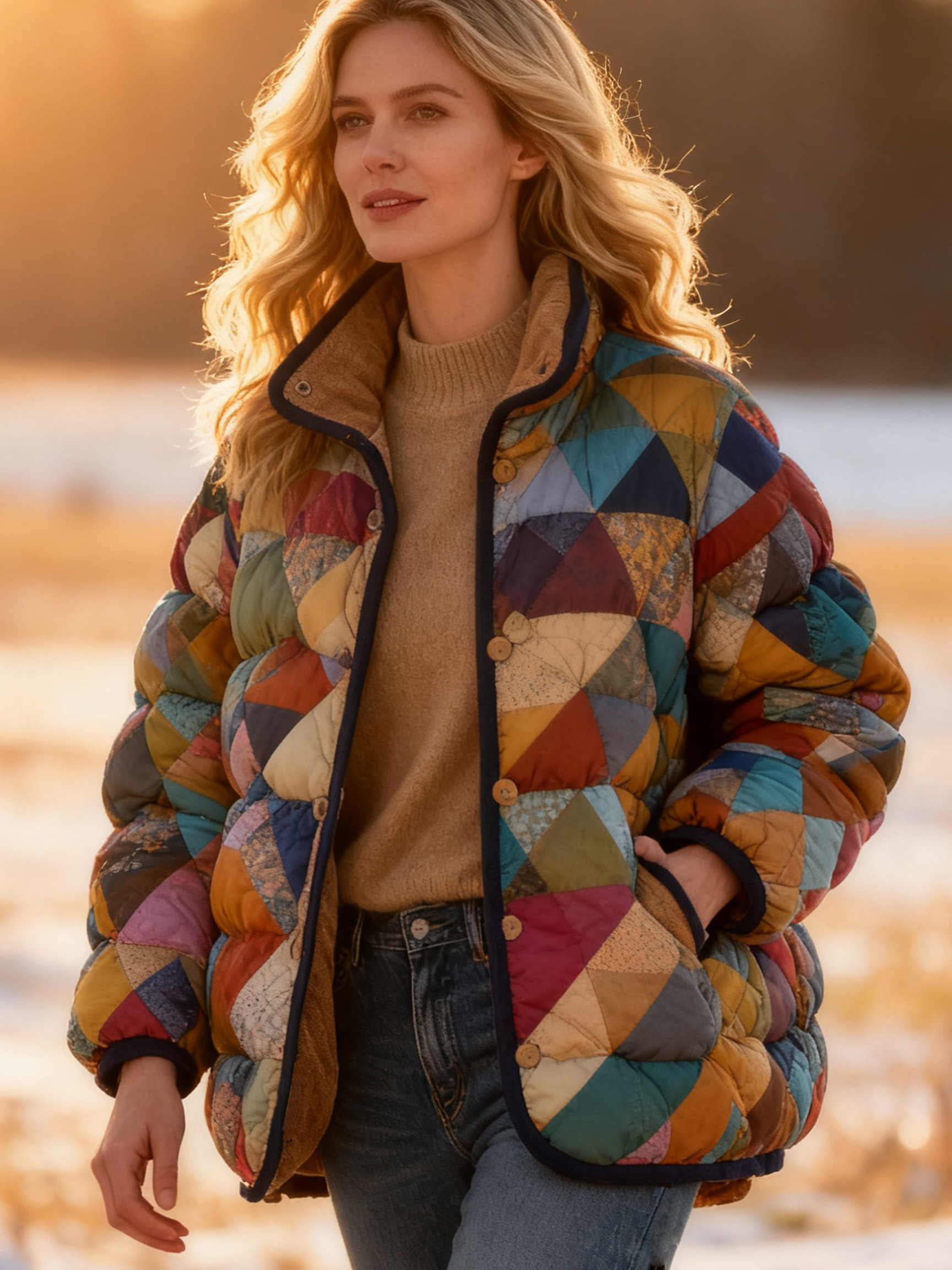 Vintage Geometric Pattern Cozy Quilted Puffer Jacket Stand-Collar Casual Coat 