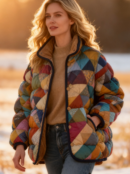 Vintage Geometric Pattern Cozy Quilted Puffer Jacket Stand-Collar Casual Coat 