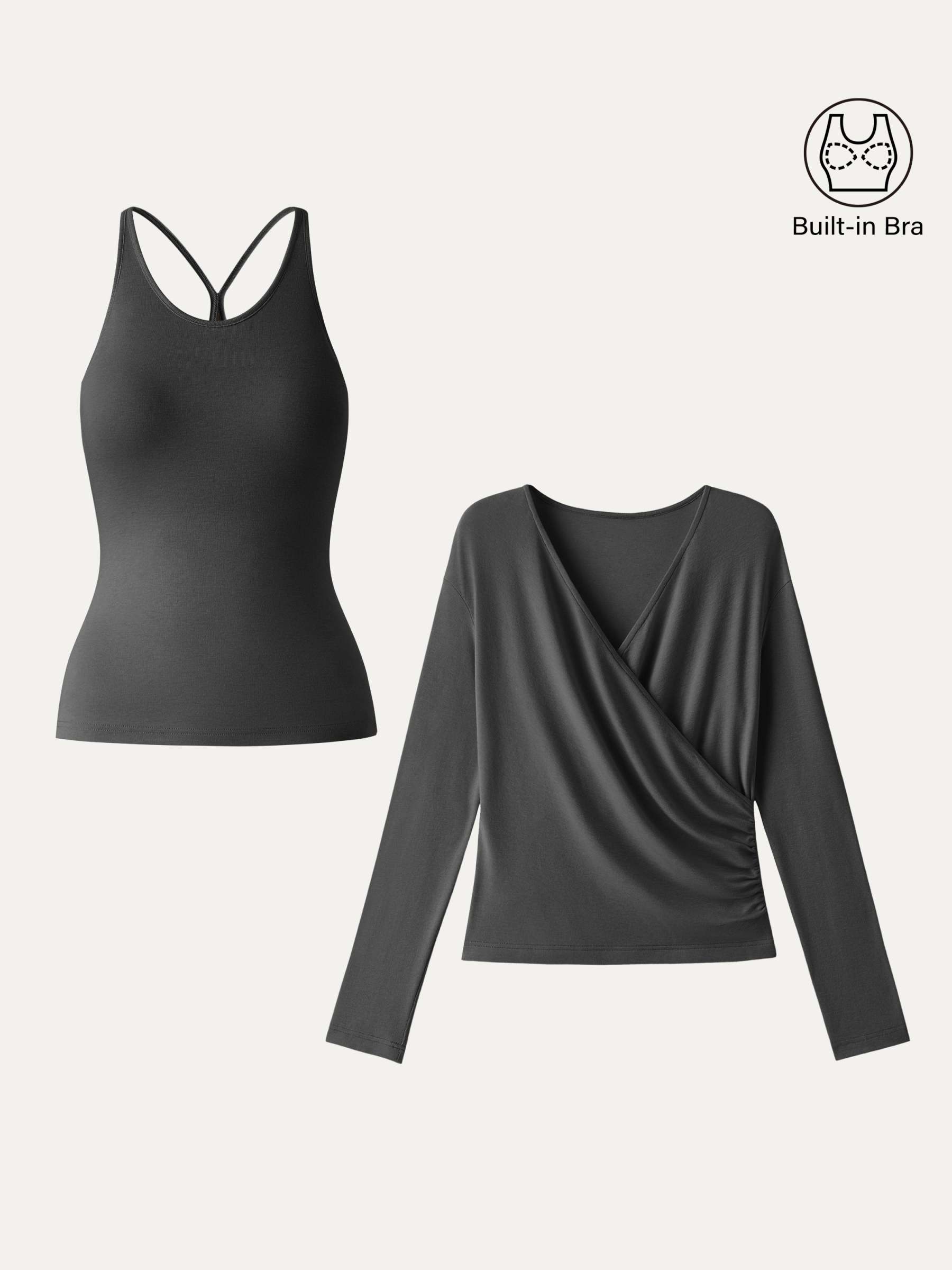 LiteWarm Two-Piece Set Cami with Surplice Ruched Built-In Bra Top