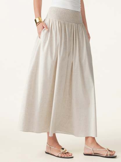 European Linen Smocked Waist Skirt with Pockets
