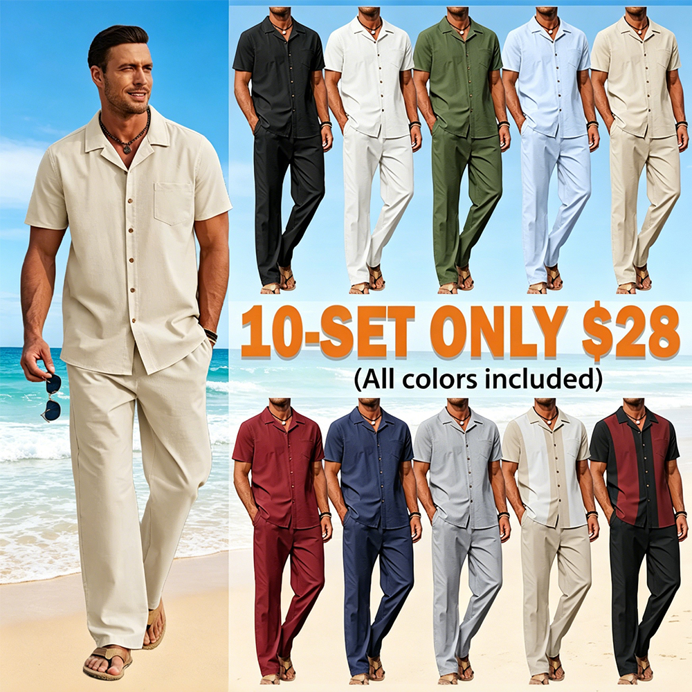 🔥Hot Summer Pick - Men's 2-Piece Linen Outfit Beach Button Down Shirt & Casual Loose Pant Set