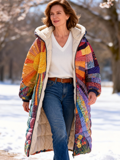Colorful Sun Floral Patchwork Warm Coat Fleece Lined Long Hooded Quilted Jacket