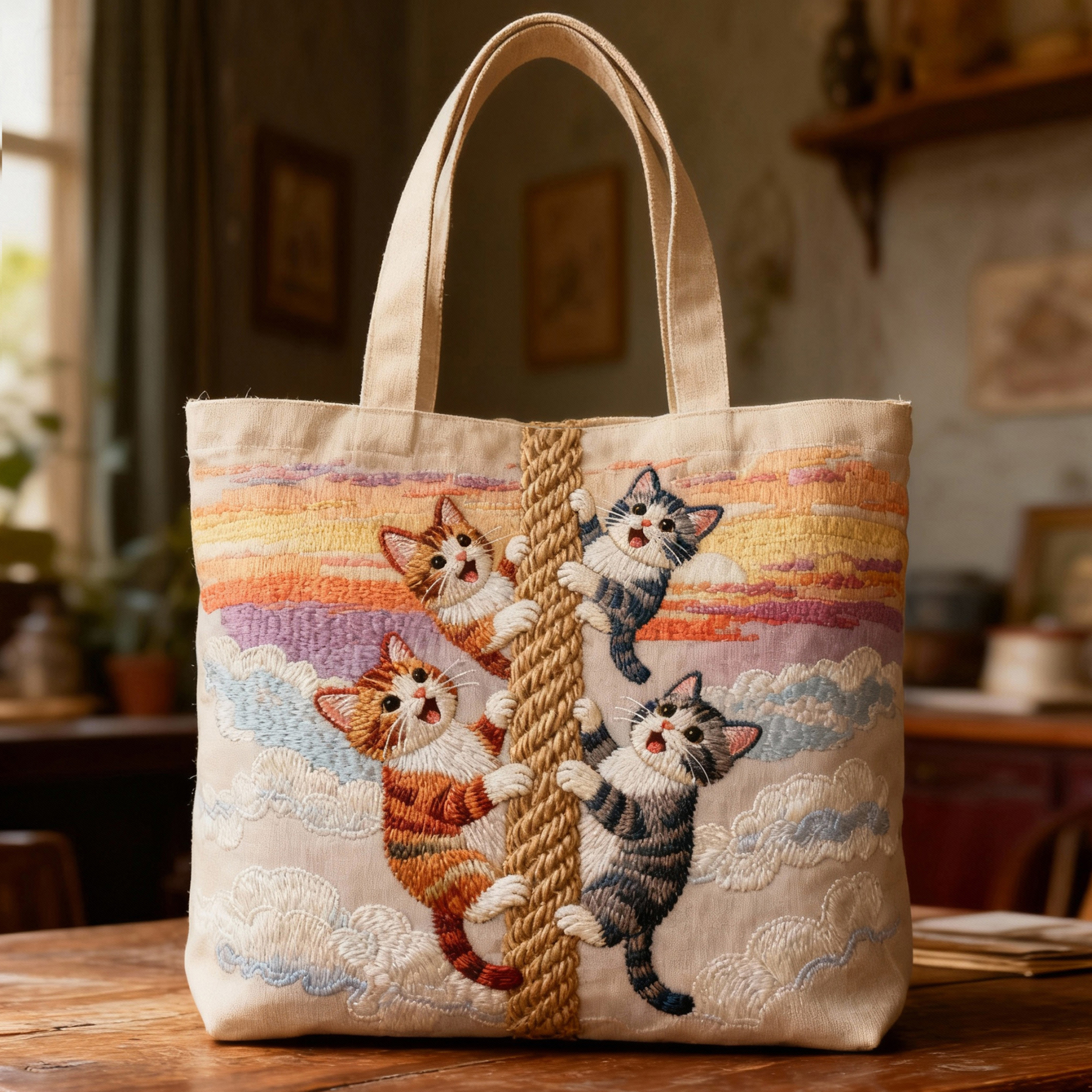 Kittens Climbing Rope Sunset Clouds 3D Embroidery Canvas Tote Bag 