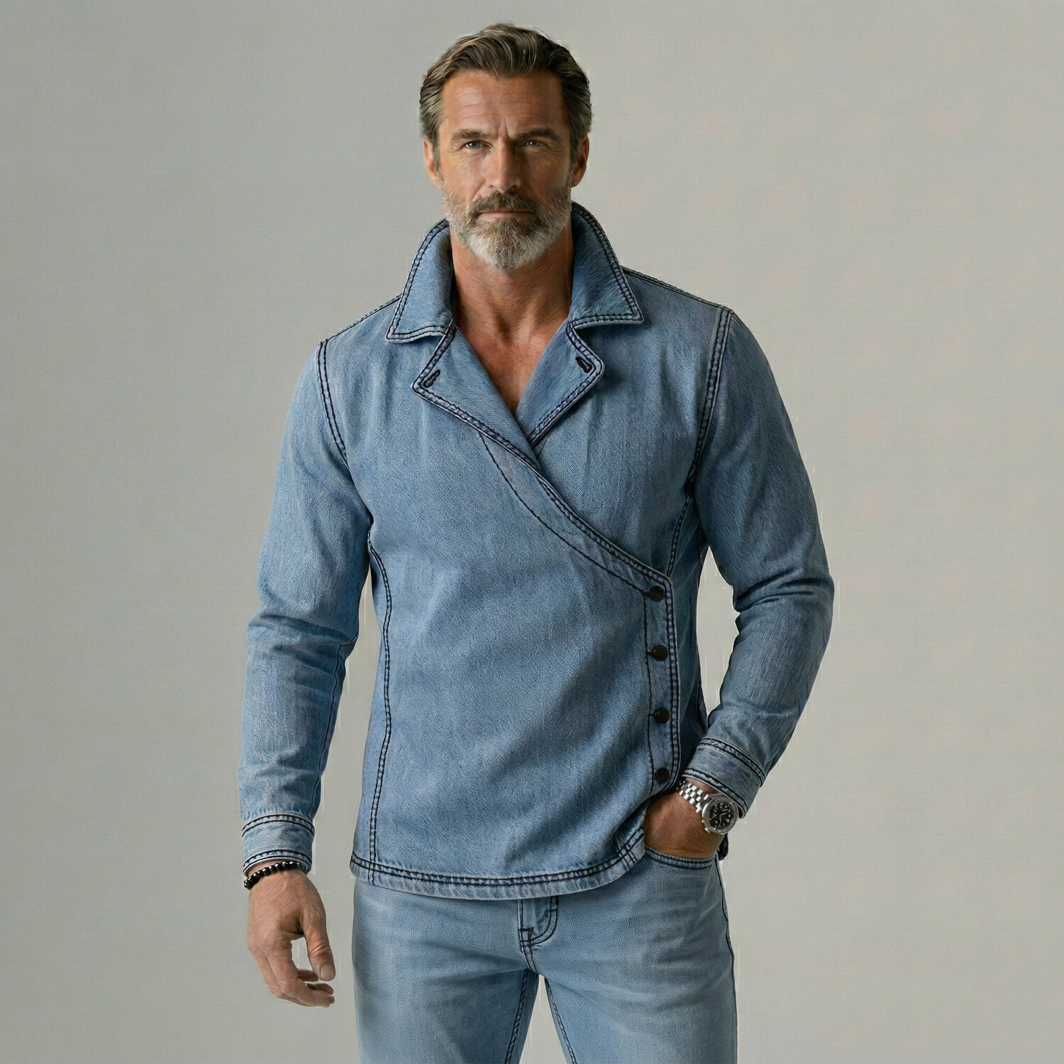 Men's Denim Lapel Collar Asymmetrical Wrap Button Contrast Stitching Long Sleeve Shirt
