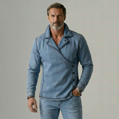 Men's Denim Lapel Collar Asymmetrical Wrap Button Contrast Stitching Long Sleeve Shirt