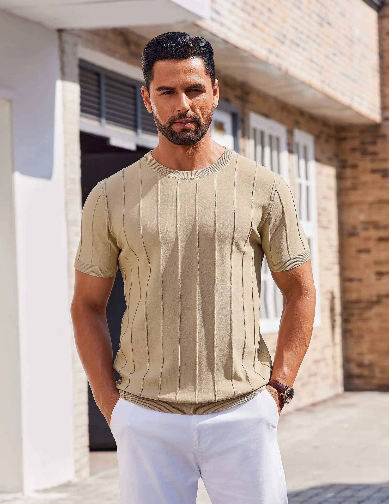 Men's Lightweight Ribbed Knit Short Sleeve T-Shirt