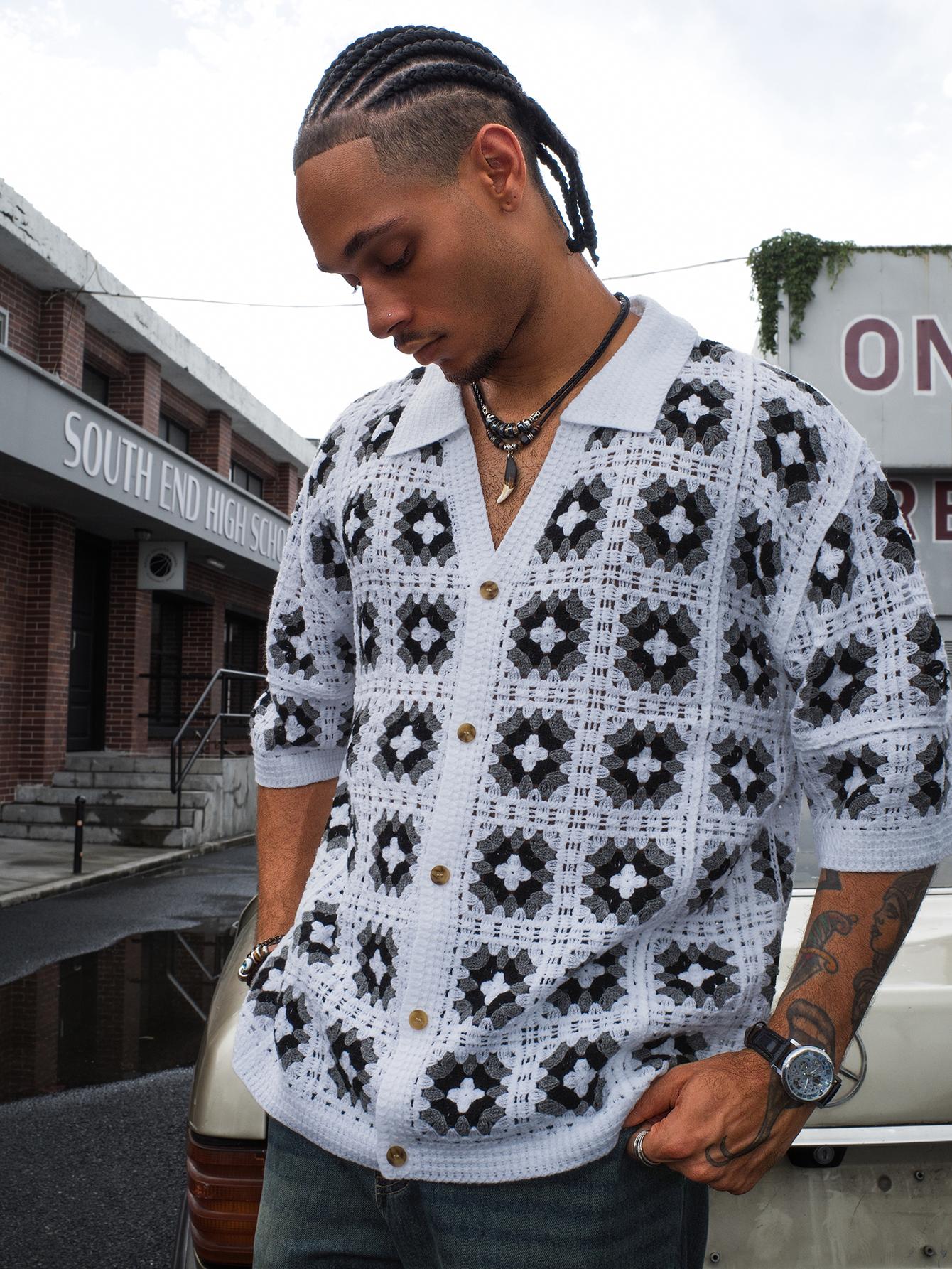Men's Summer Cool Knitted Short-Sleeve Shirt Baby Blue Boho Vacation Casualwear Loose Fit Collared Button Closure All-Over Print Menswear Acrylic Knitwear Men's Summer Cool Knitted Short-Sleeve Shirt Baby Blue Boho Vacation Casualwear Loose Fit Collared Button Closure All-Over Print Menswear Acrylic Knitwear
