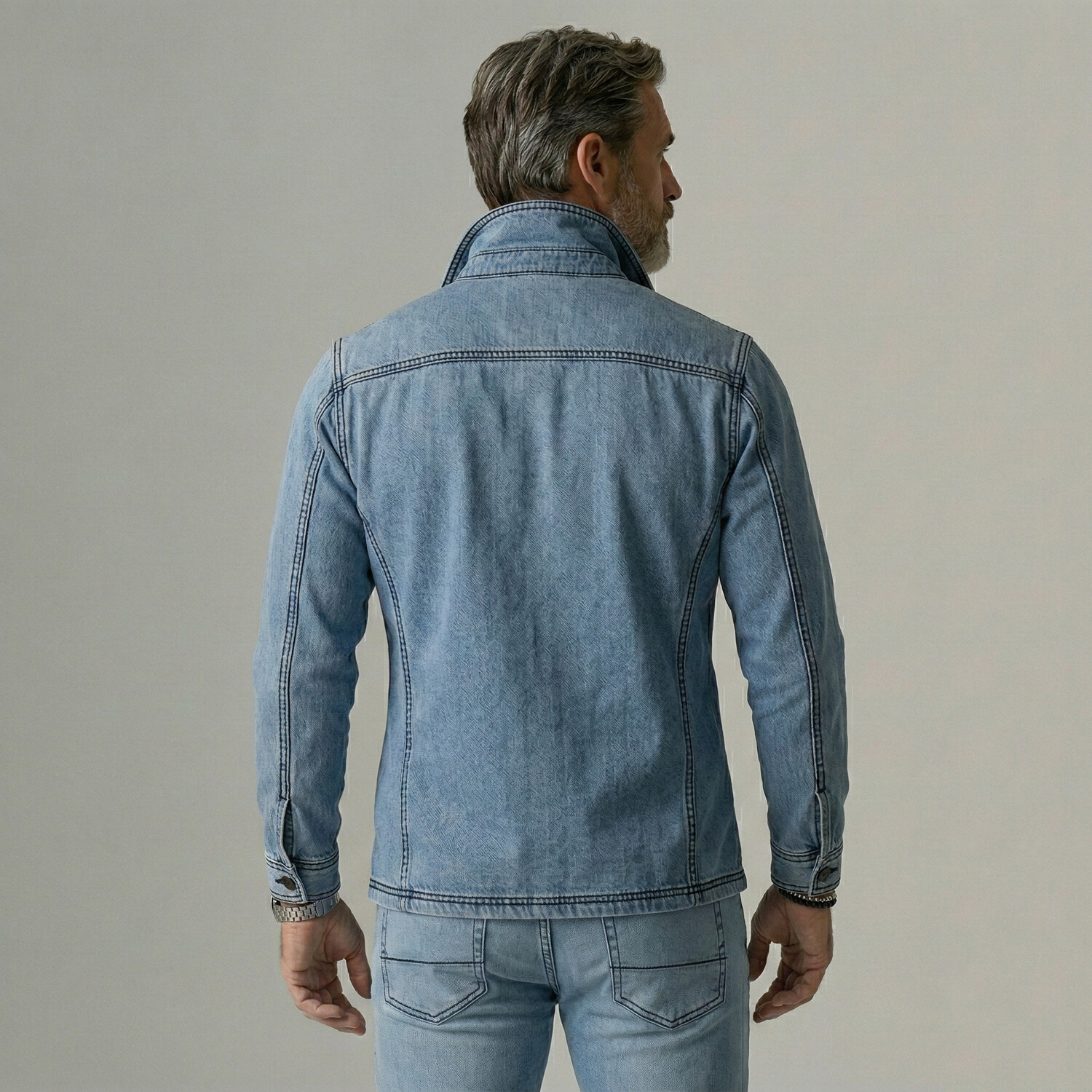Men's Denim Lapel Collar Asymmetrical Wrap Button Contrast Stitching Long Sleeve Shirt