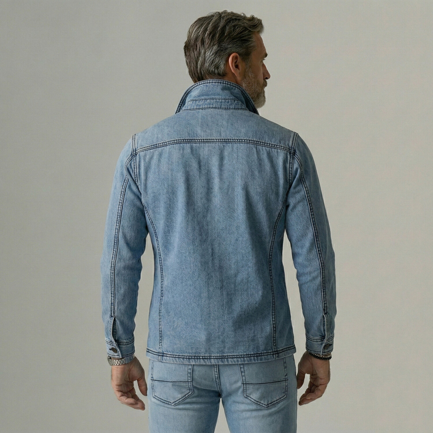Men's Denim Lapel Collar Asymmetrical Wrap Button Contrast Stitching Long Sleeve Shirt