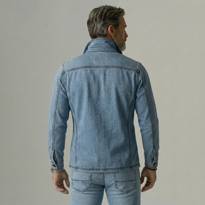 Men's Denim Lapel Collar Asymmetrical Wrap Button Contrast Stitching Long Sleeve Shirt