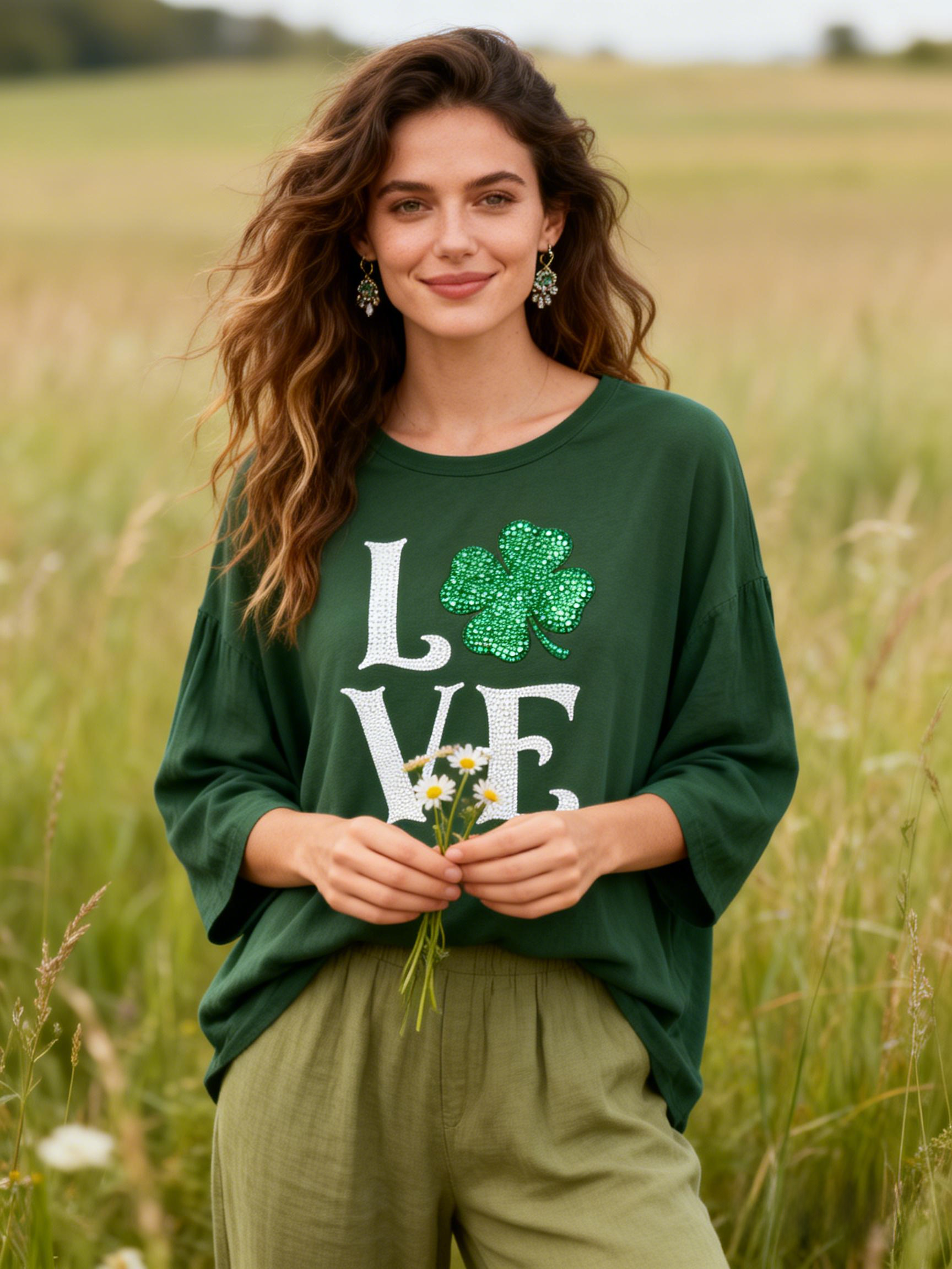 Sequin Shamrock LOVE Graphic Top St. Patrick's Day Long Sleeve T-shirt