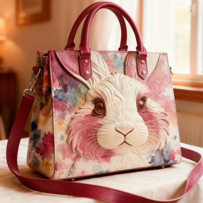 3D Rabbit Print Embossed Vegan Leather Tote Bag Crossbody Handbag with Adjustable Strap