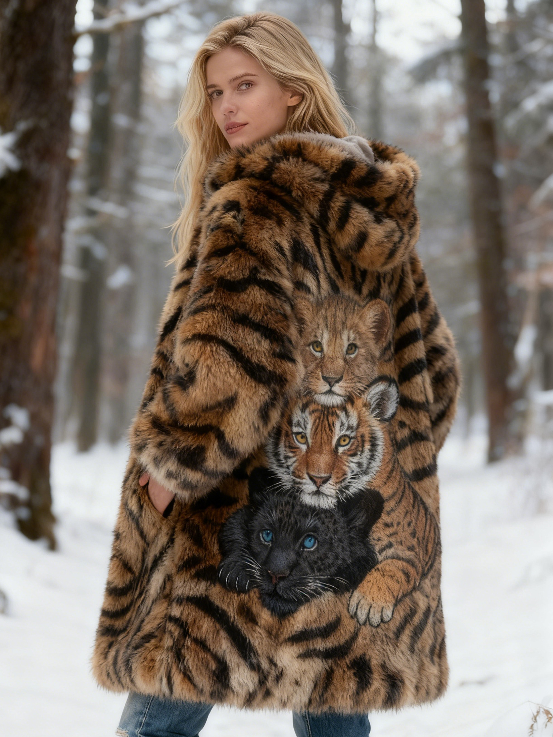 Cute Tiger & Panther Animal Embroidery Faux Fur Hooded Coat 