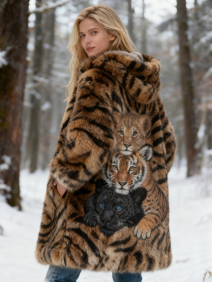 Cute Tiger & Panther Animal Embroidery Faux Fur Hooded Coat 