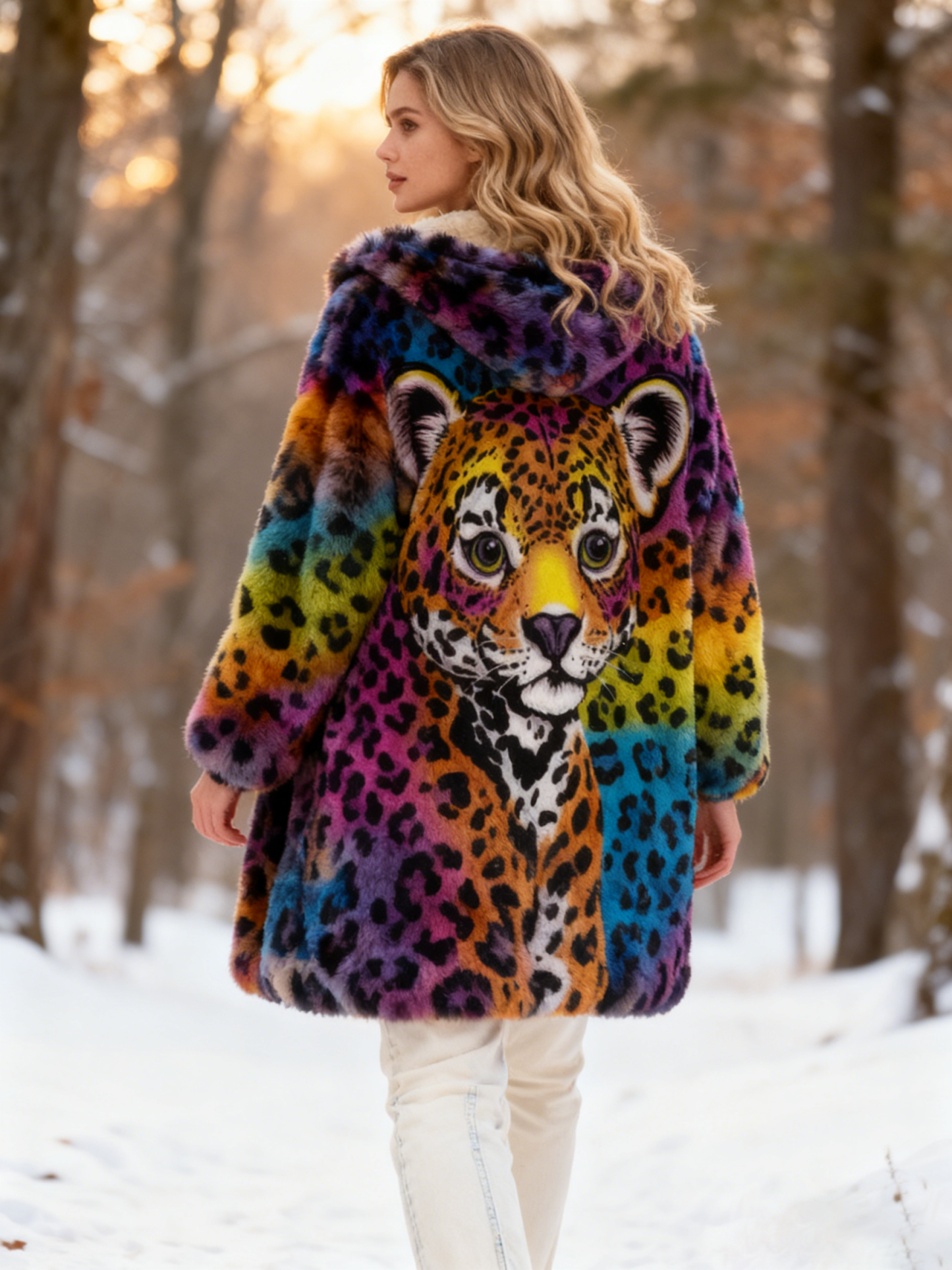 Adorable Baby Leopard Rainbow Leopard Print Faux Fur Hooded Coat 