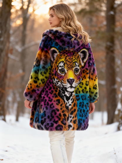 Adorable Baby Leopard Rainbow Leopard Print Faux Fur Hooded Coat 