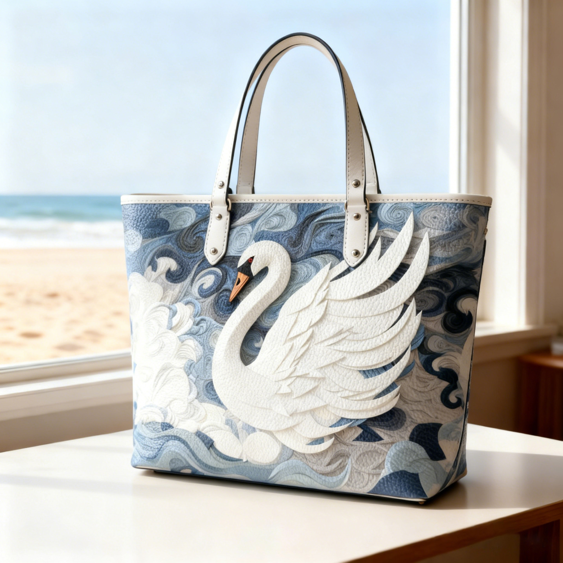 Blue Wave & 3D Swan Print Vegan Leather Tote Bag Crossbody Handbag with Adjustable Strap