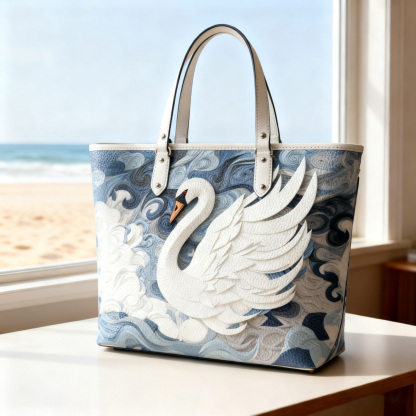 Blue Wave & 3D Swan Print Vegan Leather Tote Bag Crossbody Handbag with Adjustable Strap