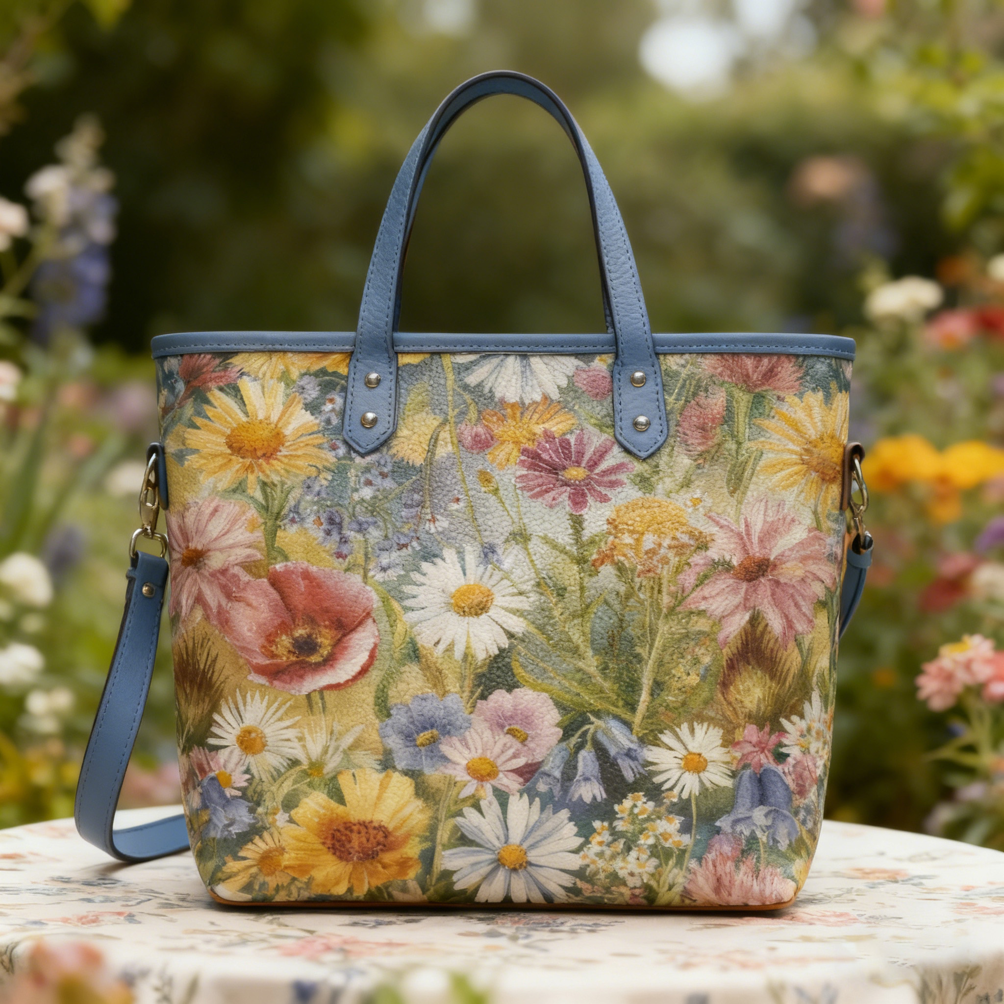 Watercolor Wildflower Print Floral Elegant Vegan Leather Tote Bag Crossbody Handbag with Adjustable Strap